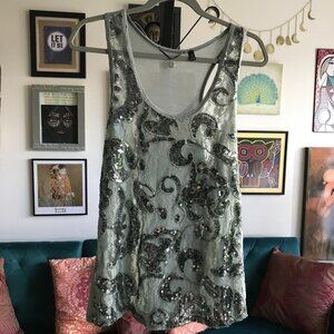 BKE Boutique size XL Gray Stretch Lace & Jersey Sequin Embellished Tank Top